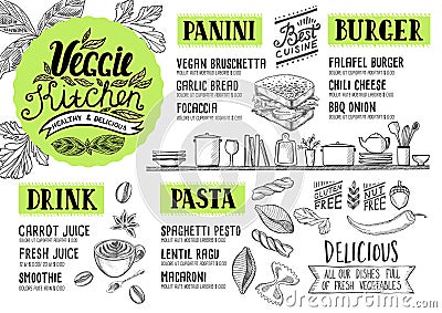 Vegan menu restaurant, food template. Vector Illustration