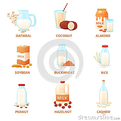 Vegan milk collection. Coconut, almond, peanut drinks. Cashew, oatmeal and soybean milks in bottles and paper pack Vector Illustration