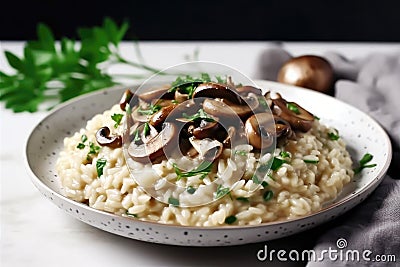 Vegan Mushroom Risotto On White Round Plate On White Background. Generative AI Stock Photo