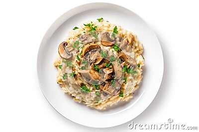 Vegan Mushroom Risotto On White Round Plate On White Background Generative Ai Stock Photo