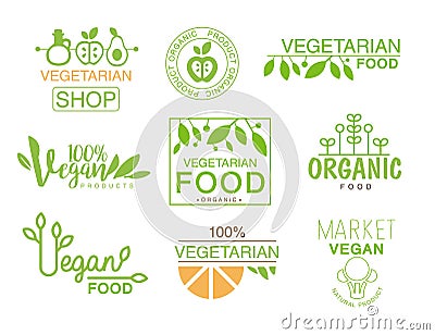 Vegan Natural Food Set Of Template Shop Logo Signs In Green And Orange Colors Promoting Healthy Lifestyle And Eco Vector Illustration