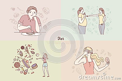 Vegan nutrition, before and after, fat and slim women, anorexia, calories fear, abstinence from sweets, diet banner Vector Illustration