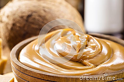 vegan pasty milk candy, caramel made with unsweetened coconut milk, healthy candy, called dulce de leche Stock Photo