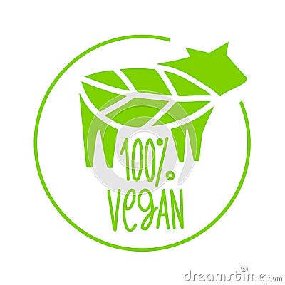 Vegan 100 percent, icon. Plant based food. Beyond meat. Vegetarian sign. Emblem for packing with steak, sausages Vector Illustration