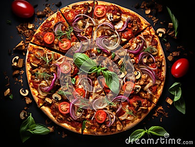 Vegan pizza top view, dark background. Super healthy whole grain flour vegetarian pizza with mushrooms, vegan cheese, tomato sauce Stock Photo