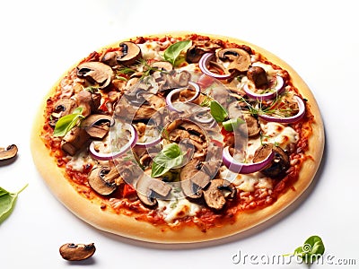 Vegan pizza on white background. Super healthy whole grain flour vegetarian pizza with mushrooms, vegan cheese, tomato sauce, red Stock Photo