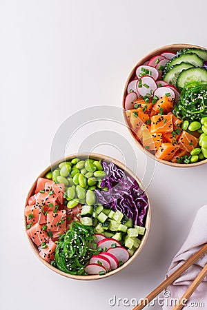 Vegan Poke bowl with Plant based seafood, salmon, tuna Stock Photo