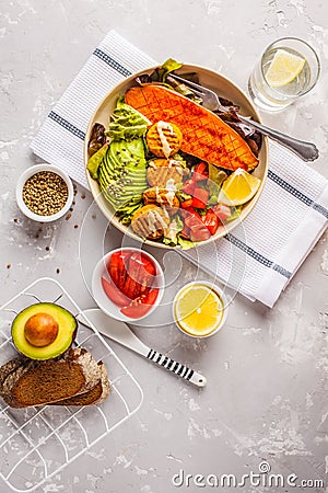 Vegan Rainbow bowl: vegetable meatballs, avocado, sweet potato a Stock Photo