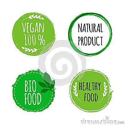 Vegan round logos, badges. Set of hand drawn bio, healthy food badges. Vector illustration Vector Illustration