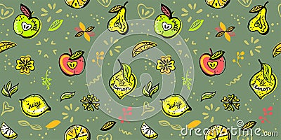 Vegan seamless pattern with fruits Vector Illustration