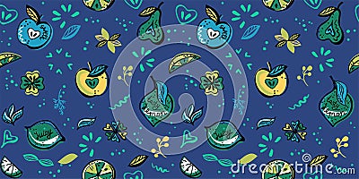 Vegan seamless pattern with fruits, vibrant fantasy colors Vector Illustration