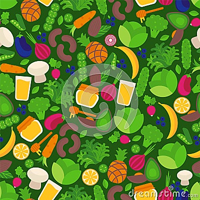 Vegan seamless pattern with isolated fruits and vegetables in flat style, vector illustration Vector Illustration