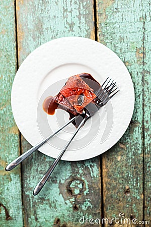 Vegan snack. Fresh watermelon slices with mulberry sauce served Stock Photo