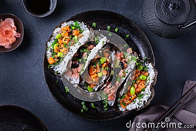 Vegan Sushi Tacos with Plant based salmon and tuna Stock Photo