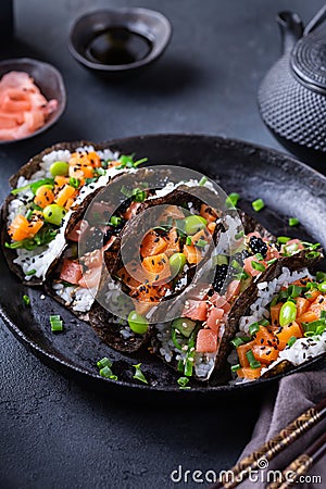 Vegan Sushi Tacos with Plant based salmon and tuna Stock Photo