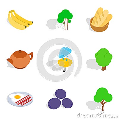 Vegan tasty icons set, isometric style Vector Illustration