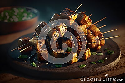 vegan or vegetarian kabobs with tofu and halloumi grilling. Neural network AI generated Stock Photo