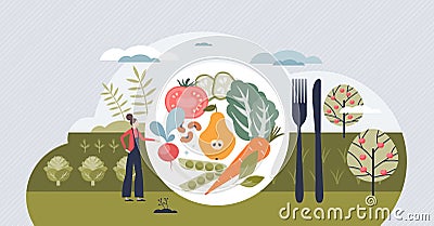 Veganism and plant based diets for vegetarian lifestyle tiny person concept Vector Illustration