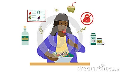 Vegans and organic food. Cartoon vegetarians with natural eco food. Female eating salad. No meat sign. Coconut products Stock Photo