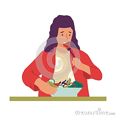 Vegans and organic food. Vegetarians with natural eco meal. Young female eating vegetable salad. Bowl with fresh tomato Vector Illustration