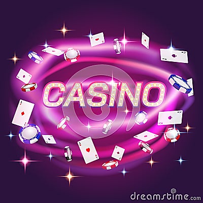 Vegas casino background, gamble poker. Retro golden cash and cards, luxury business money. 3d realistic elements on neon Vector Illustration
