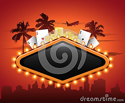 Vegas casino neon sign in front or cityscape Vector Illustration