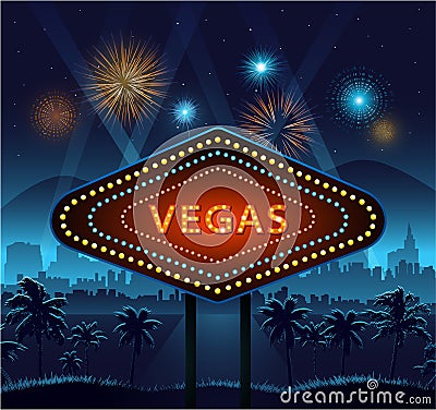 Vegas city sign at night and background lights fireworks Vector Illustration