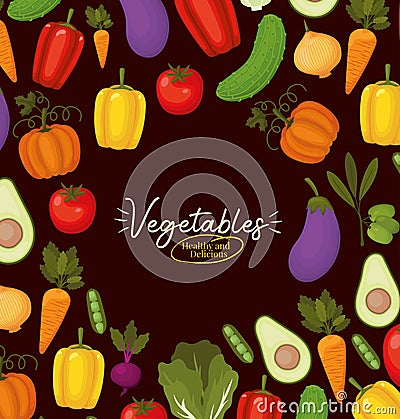 Vegatables healthy and delicious lettering and bundle of vegatbles icons over a black background Vector Illustration