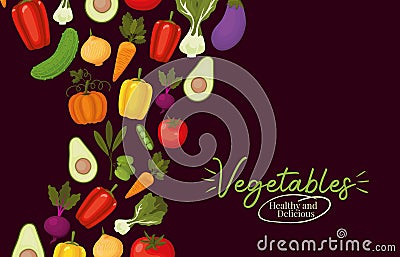 Vegatables healthy and delicious lettering and set of vegatbles icons on a brown background Vector Illustration