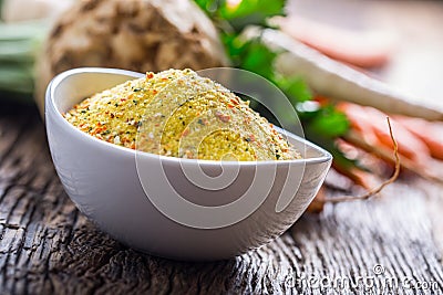 Vegeta seasoning spices condiment with dehydrated carrot parsley celery parsnips and salt with or without glutamate Stock Photo