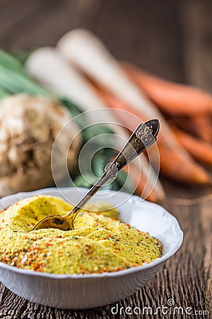 Vegeta seasoning spices condiment with dehydrated carrot parsley celery parsnips and salt with or without glutamate Stock Photo