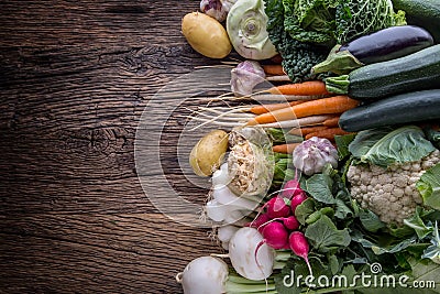 Vegetable. Assortment of fresh vegetable on rustic old oak table. Vegetable from market place Stock Photo