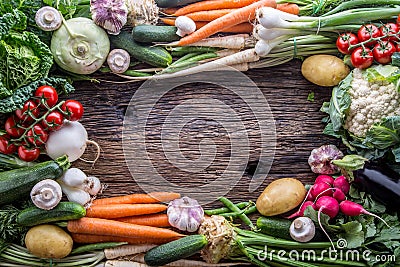 Vegetable. Assortment of fresh vegetable on rustic old oak table. Vegetable from market place Stock Photo