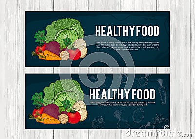 Vegetable banners with mature culture. Vector cabbage, tomato, potatoes, carrots, onions Vector Illustration