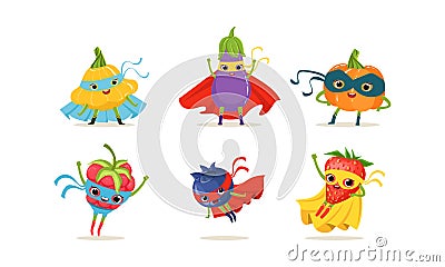 Vegetable and Berry Superheros Rushing to the Rescue Vector Set Vector Illustration