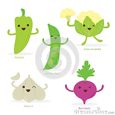 Vegetable Cartoon Cute Set Pepper Green Pea Cauliflower Garlic Beetroot Vector Vector Illustration