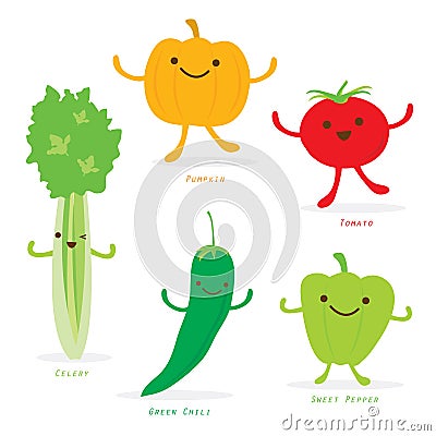 Vegetable Cartoon Cute Set Pumpkin Tomato Green Chili Sweet Pepper Celery Vector Vector Illustration