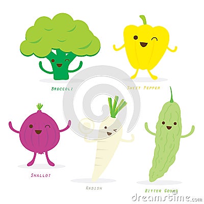 Vegetable Cartoon Cute Set Sweet Pepper Broccoli Shallot Radish Bitter Gourd Vector Vector Illustration