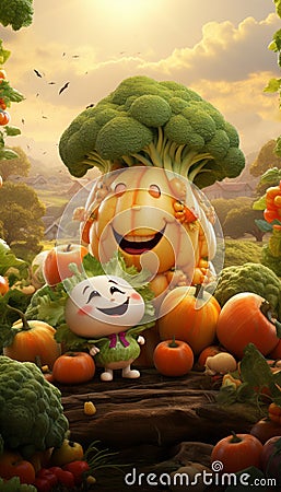 Vegetable characters. Veggies and fruits face in mystery fantasy farm. AI generated. Stock Photo