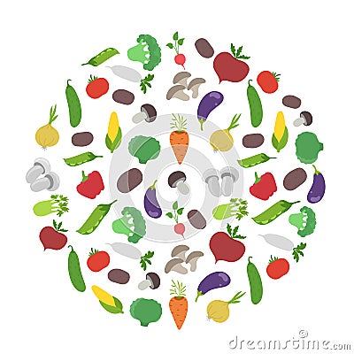 Vegetable circle. Garden harvest. Round background. Vector flat illustration. Growing agriculture. Vector Illustration