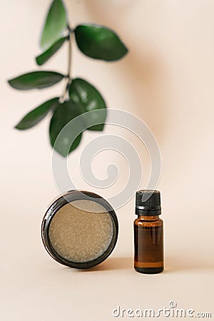 Vegetable cosmetics for body care in beauty salons. Bottle and jar with oils on a beige background with leaves of green Stock Photo
