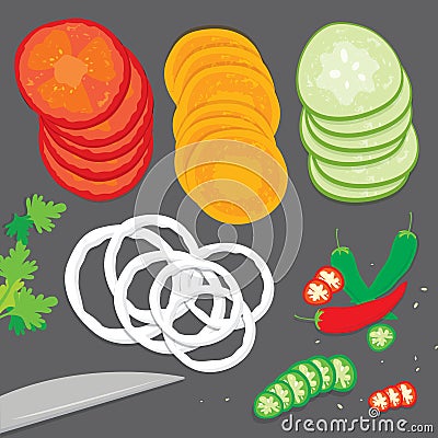 Vegetable food cook tomato onion carrot chili cucumber parsley fresh piece slice cartoon vector Vector Illustration