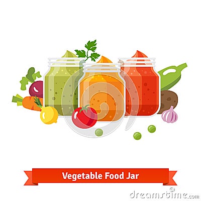 Vegetable food jars. Baby puree Vector Illustration
