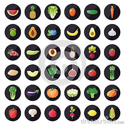 Vegetable and fruit icons vector set. Modern flat design. Multicolored. Vector Illustration