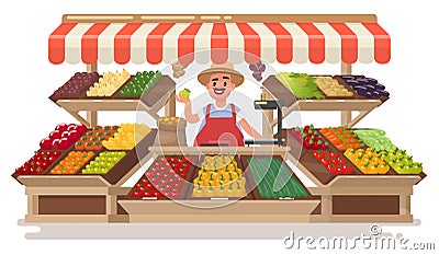 Vegetable Fruit local Shop. Happy Farmer sells fresh natural pr Cartoon Illustration