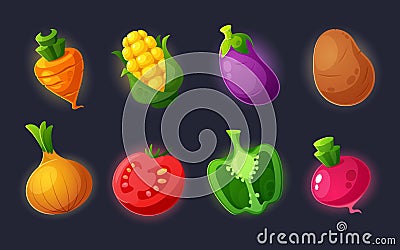 Vegetable Game Icons, Cartoon Carrot, Corn Cob, Eggplant And Potato. Onion, Tomato, Bell Pepper And Beetroot Veggies Vector Illustration