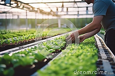 A vegetable grower works in a large industrial greenhouse growing vegetables and herbs. Stock Photo