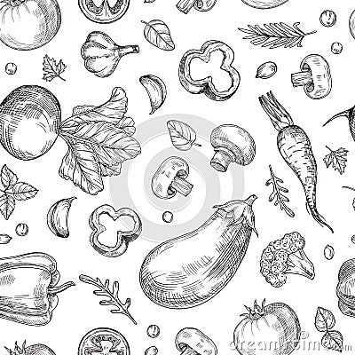 Vegetable hand drawn seamless pattern. Fresh vegetarian food, garden vegetables. Etching drawing vector vintage Vector Illustration
