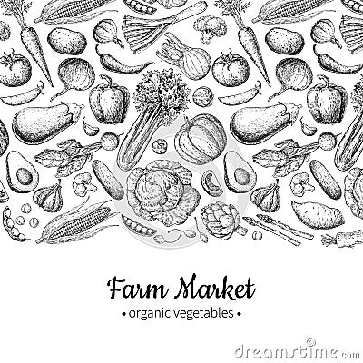 Vegetable hand drawn vintage vector illustration. Farm Market poster. Vegetarian set of organic products. Vector Illustration