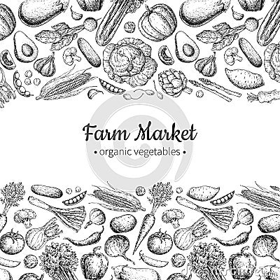 Vegetable hand drawn vintage vector illustration. Farm Market poster. Vegetarian set of organic products. Vector Illustration